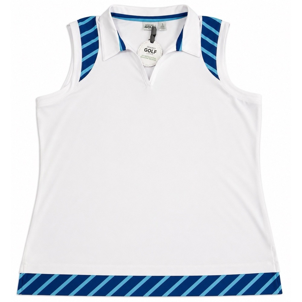 NWT Zenergy Gold by Chico's Women's Sleeveless Polo Top Size 3 XL White Blue UV